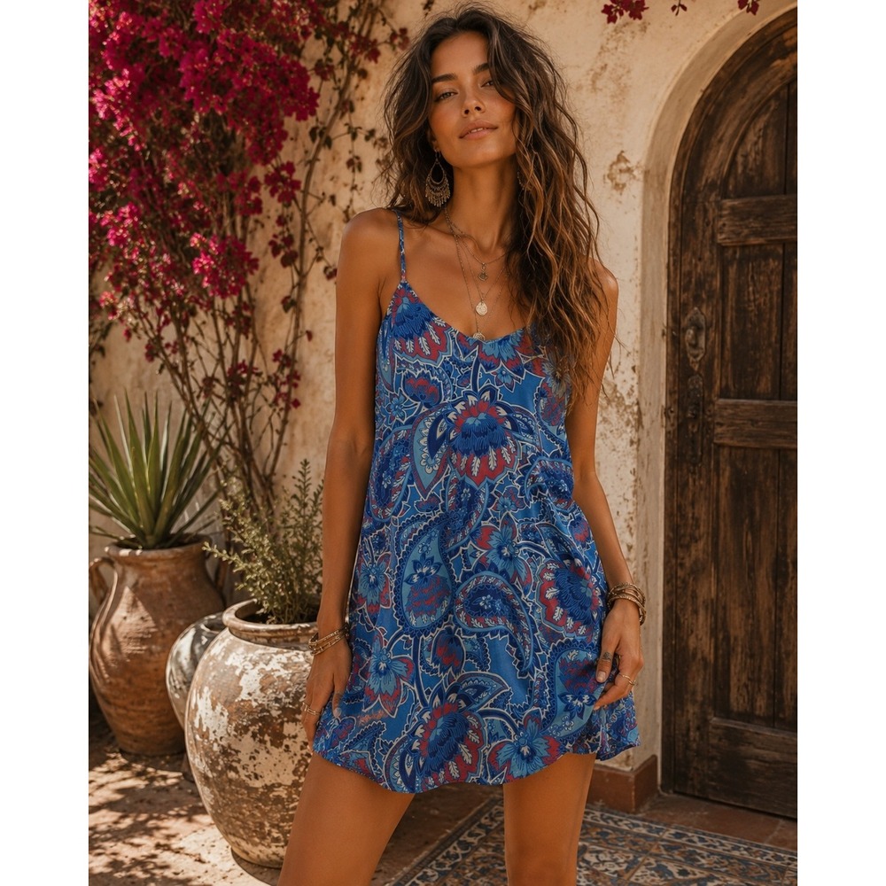 Show Me Your Mumu Dress Womens Small Blue Circus Paisley Boho Festival Mini